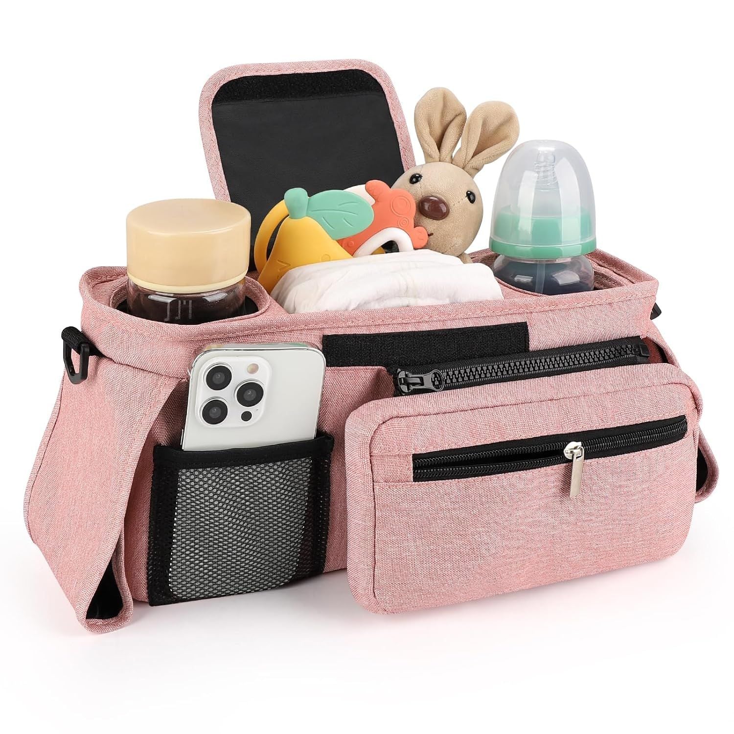 Universal Stroller Organizer with Insulated Cup Holders, Detachable Wristlet & Adjustable Shoulder Strap for Diapers, Bottles & Essentials (Pink)