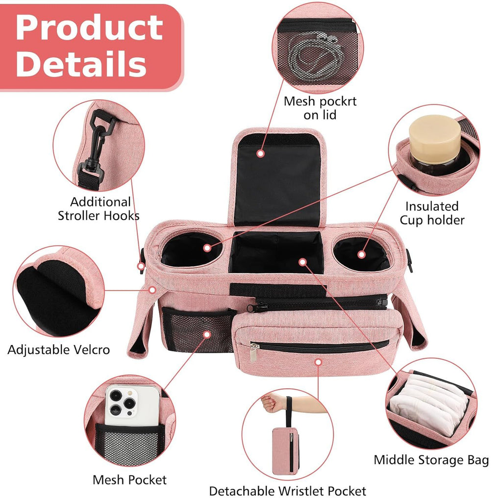 Universal Stroller Organizer with Insulated Cup Holders, Detachable Wristlet & Adjustable Shoulder Strap for Diapers, Bottles & Essentials (Pink)