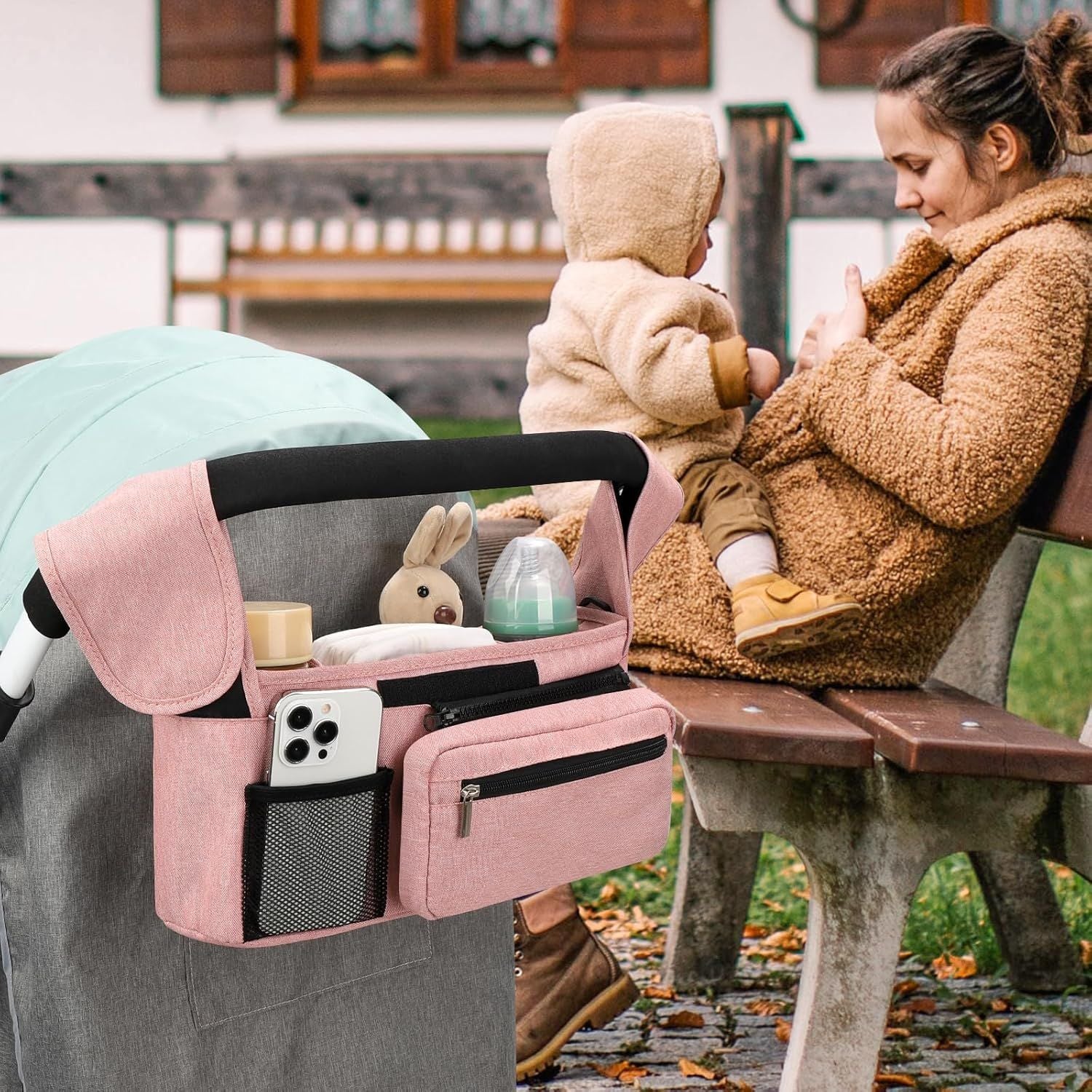 Universal Stroller Organizer with Insulated Cup Holders, Detachable Wristlet & Adjustable Shoulder Strap for Diapers, Bottles & Essentials (Pink)
