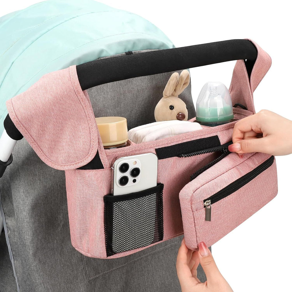 Universal Stroller Organizer with Insulated Cup Holders, Detachable Wristlet & Adjustable Shoulder Strap for Diapers, Bottles & Essentials (Pink)