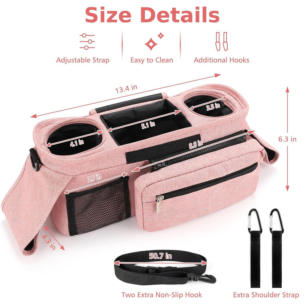 Universal Stroller Organizer with Insulated Cup Holders, Detachable Wristlet & Adjustable Shoulder Strap for Diapers, Bottles & Essentials (Pink)