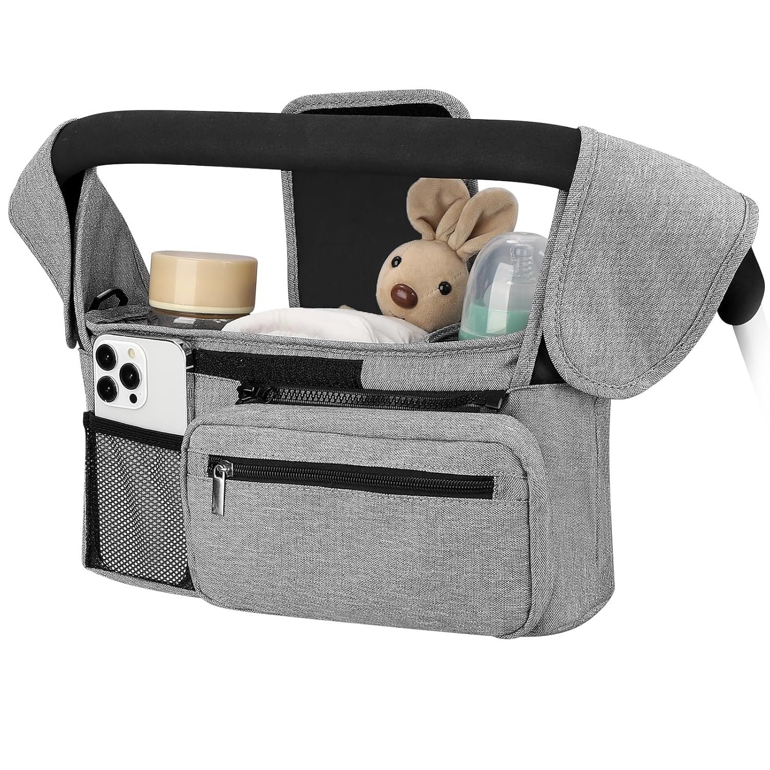 Universal Stroller Organizer with Insulated Cup Holders, Detachable Wristlet & Adjustable Shoulder Strap for Diapers, Bottles & Essentials (Grey)