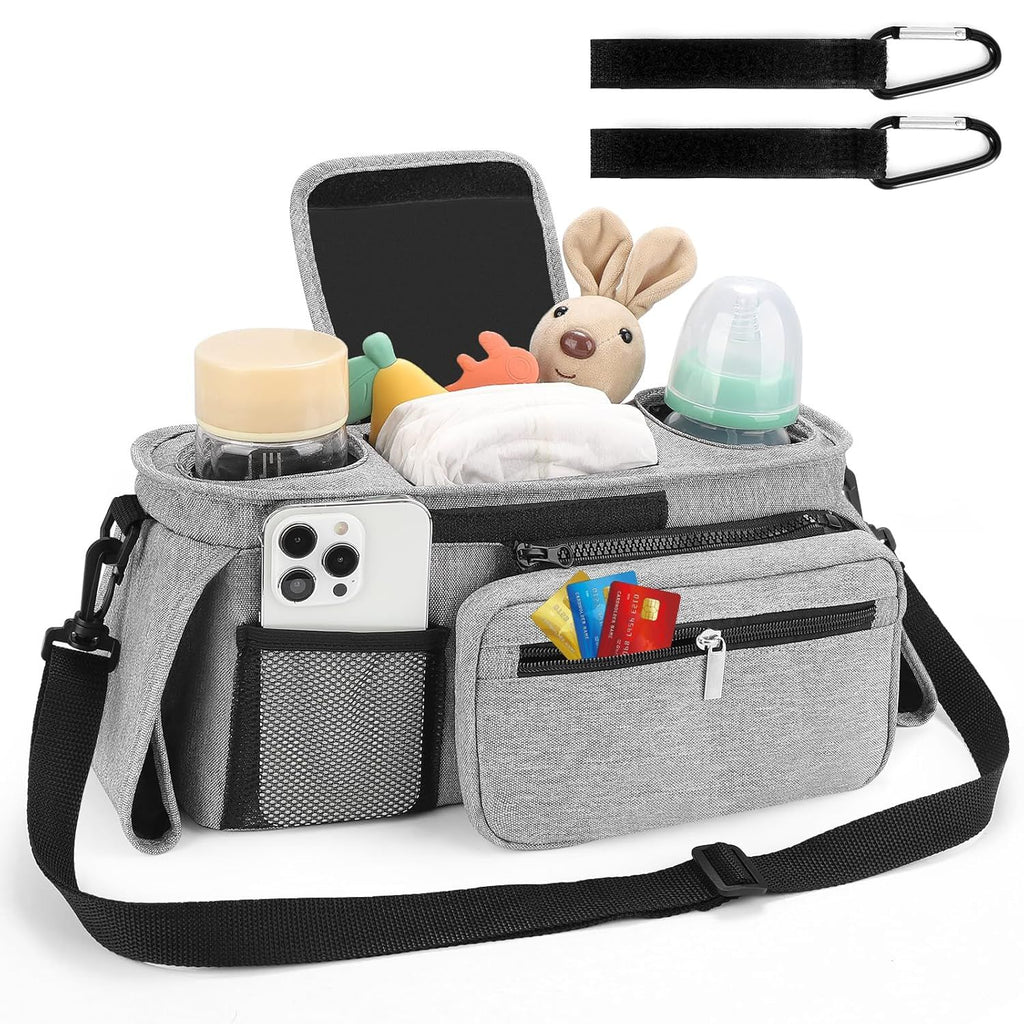 Universal Stroller Organizer with Insulated Cup Holders, Detachable Wristlet & Adjustable Shoulder Strap for Diapers, Bottles & Essentials (Grey)
