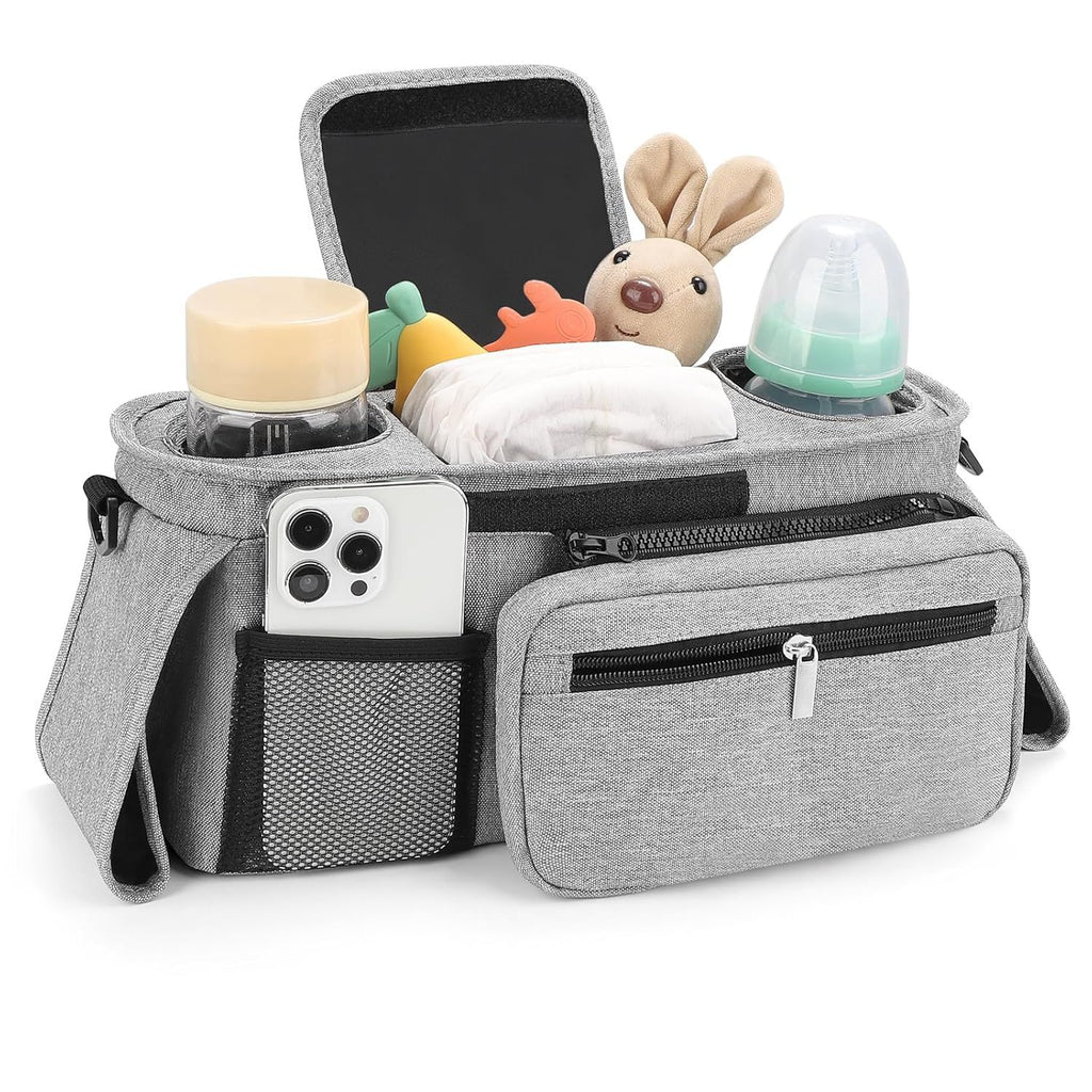 Universal Stroller Organizer with Insulated Cup Holders, Detachable Wristlet & Adjustable Shoulder Strap for Diapers, Bottles & Essentials (Grey)