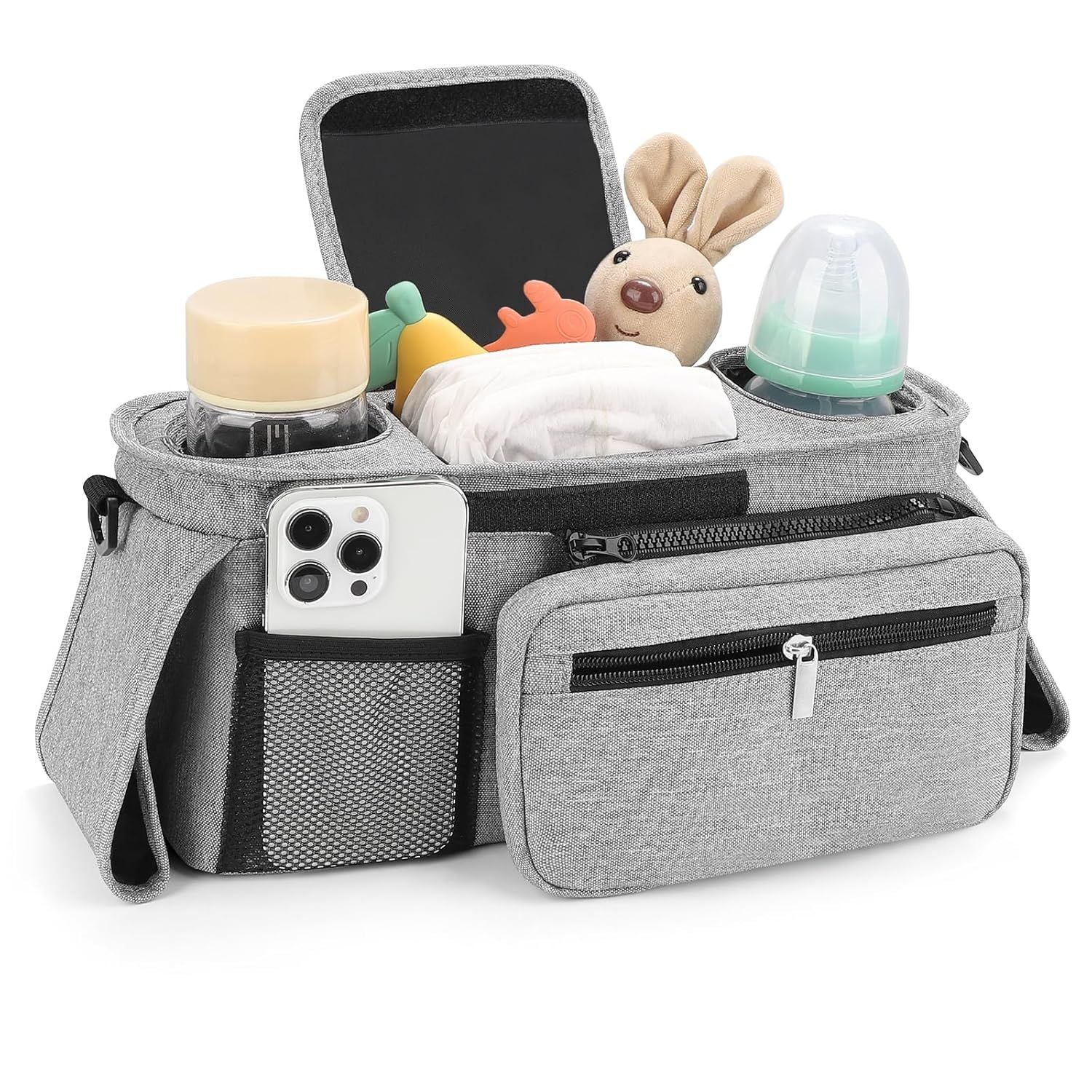 Universal Stroller Organizer with Insulated Cup Holders, Detachable Wristlet & Adjustable Shoulder Strap for Diapers, Bottles & Essentials (Grey)