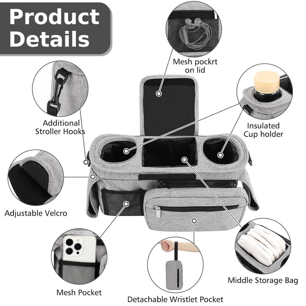 Universal Stroller Organizer with Insulated Cup Holders, Detachable Wristlet & Adjustable Shoulder Strap for Diapers, Bottles & Essentials (Grey)