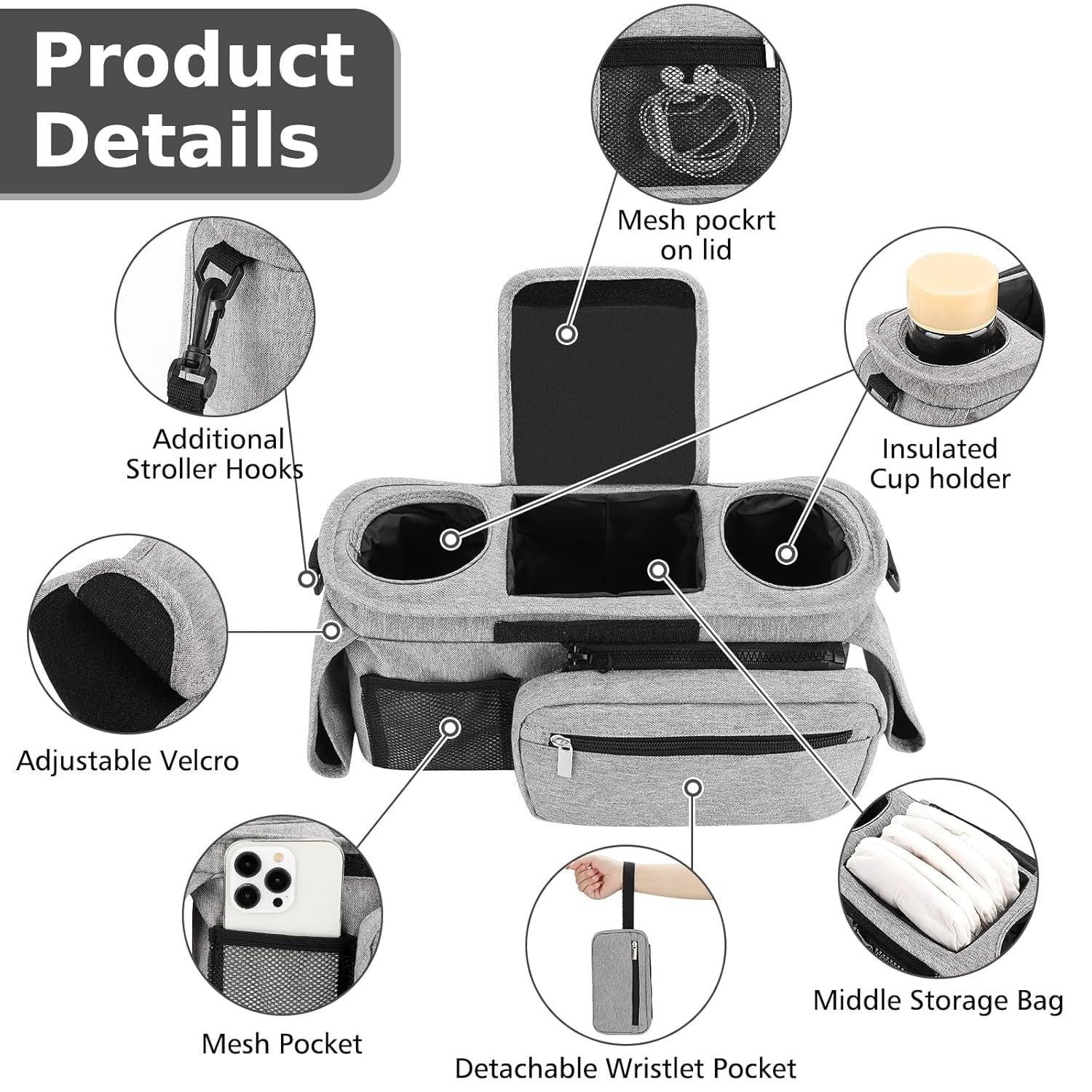 Universal Stroller Organizer with Insulated Cup Holders, Detachable Wristlet & Adjustable Shoulder Strap for Diapers, Bottles & Essentials (Grey)