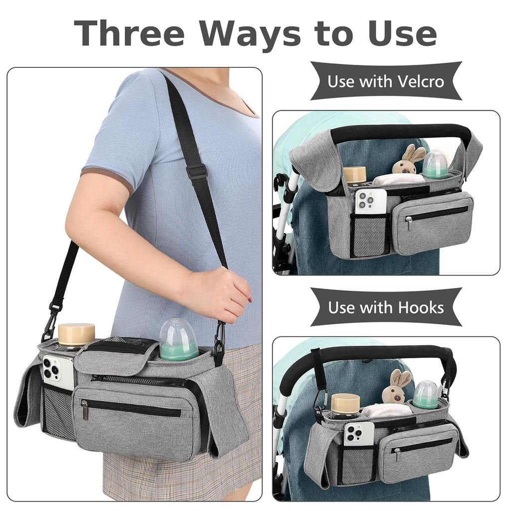 Universal Stroller Organizer with Insulated Cup Holders, Detachable Wristlet & Adjustable Shoulder Strap for Diapers, Bottles & Essentials (Grey)