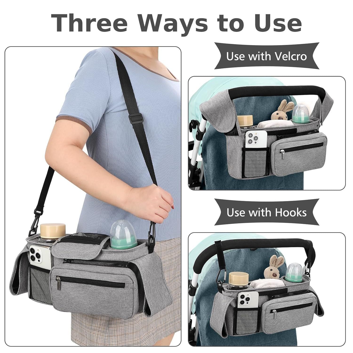 Universal Stroller Organizer with Insulated Cup Holders, Detachable Wristlet & Adjustable Shoulder Strap for Diapers, Bottles & Essentials (Grey)