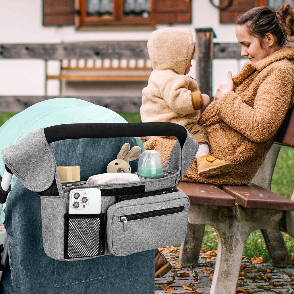 Universal Stroller Organizer with Insulated Cup Holders, Detachable Wristlet & Adjustable Shoulder Strap for Diapers, Bottles & Essentials (Grey)
