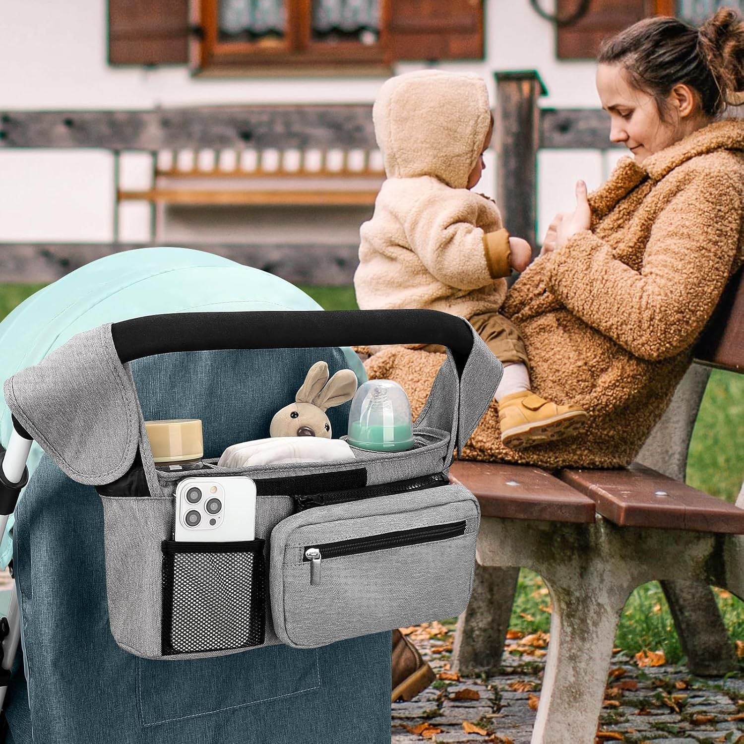 Universal Stroller Organizer with Insulated Cup Holders, Detachable Wristlet & Adjustable Shoulder Strap for Diapers, Bottles & Essentials (Grey)