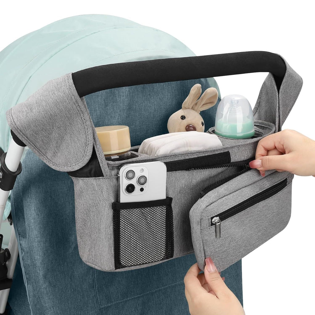 Universal Stroller Organizer with Insulated Cup Holders, Detachable Wristlet & Adjustable Shoulder Strap for Diapers, Bottles & Essentials (Grey)