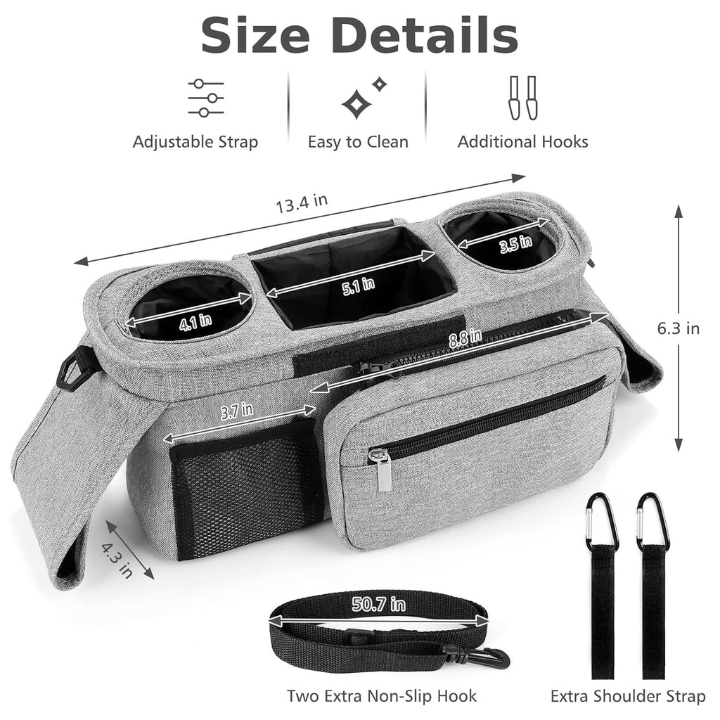 Universal Stroller Organizer with Insulated Cup Holders, Detachable Wristlet & Adjustable Shoulder Strap for Diapers, Bottles & Essentials (Grey)