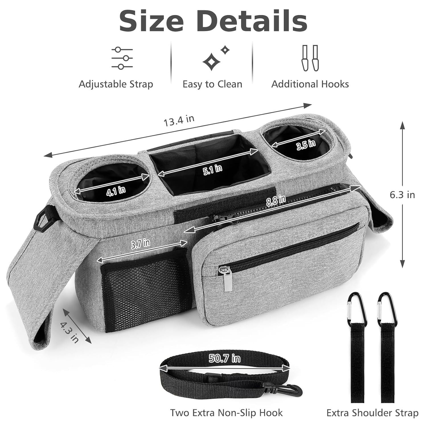 Universal Stroller Organizer with Insulated Cup Holders, Detachable Wristlet & Adjustable Shoulder Strap for Diapers, Bottles & Essentials (Grey)