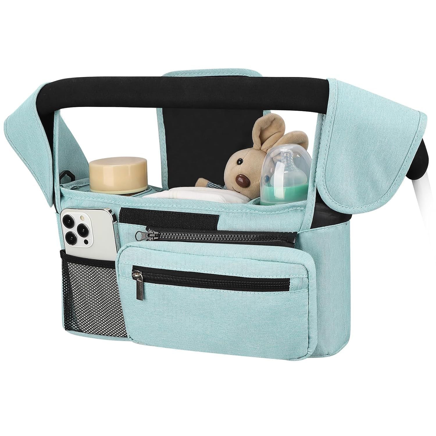 Universal Stroller Organizer with Insulated Cup Holders, Detachable Wristlet & Adjustable Shoulder Strap for Diapers, Bottles & Essentials (Blue)