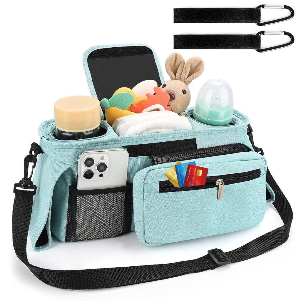 Universal Stroller Organizer with Insulated Cup Holders, Detachable Wristlet & Adjustable Shoulder Strap for Diapers, Bottles & Essentials (Blue)