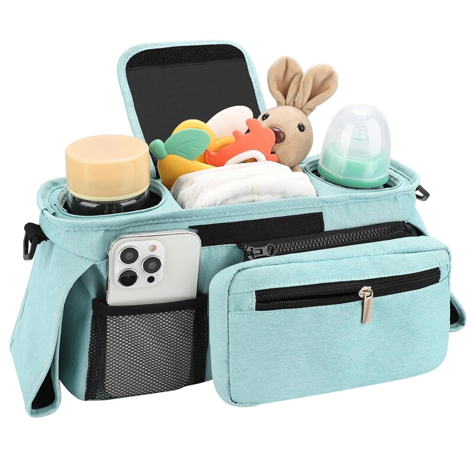 Universal Stroller Organizer with Insulated Cup Holders, Detachable Wristlet & Adjustable Shoulder Strap for Diapers, Bottles & Essentials (Blue)