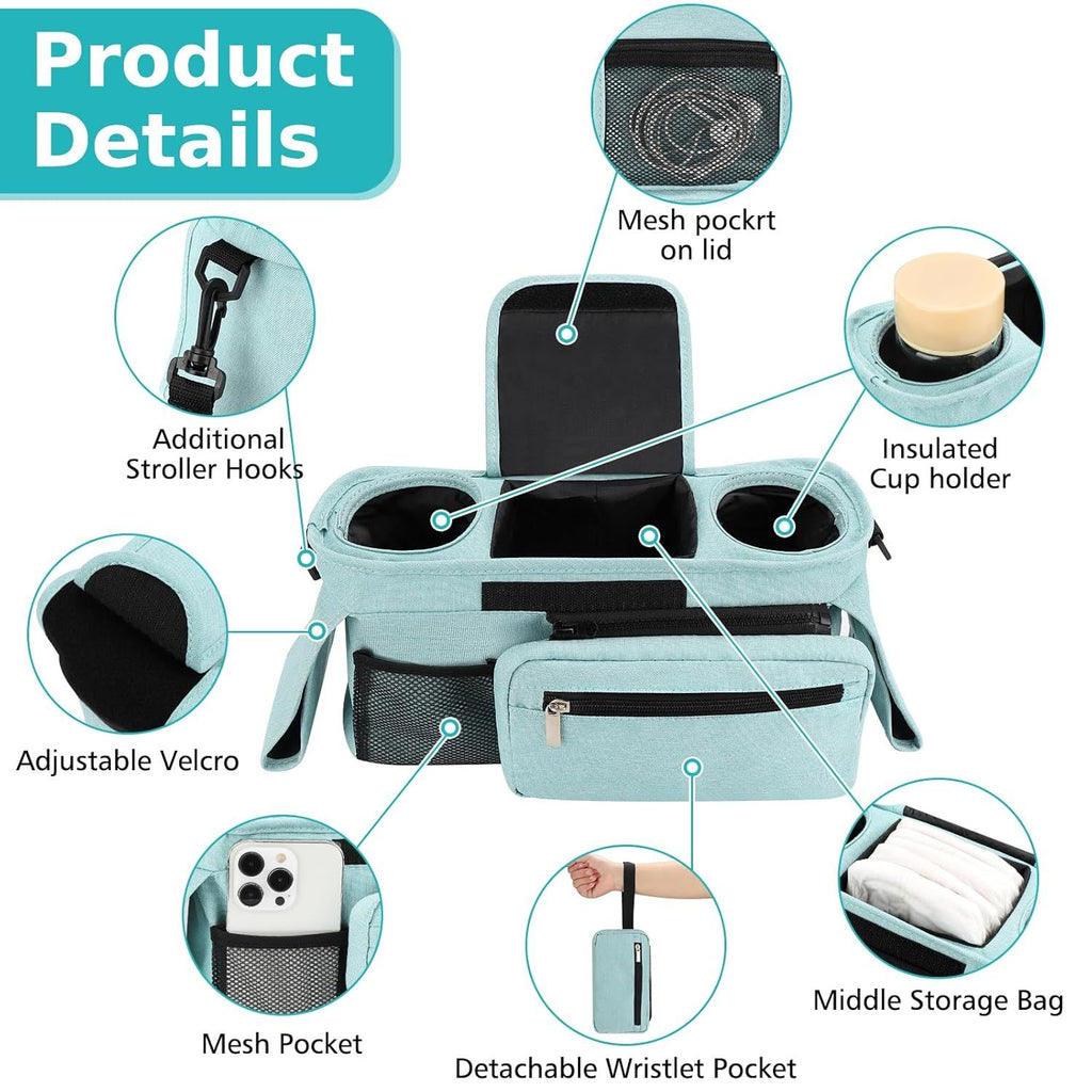 Universal Stroller Organizer with Insulated Cup Holders, Detachable Wristlet & Adjustable Shoulder Strap for Diapers, Bottles & Essentials (Blue)