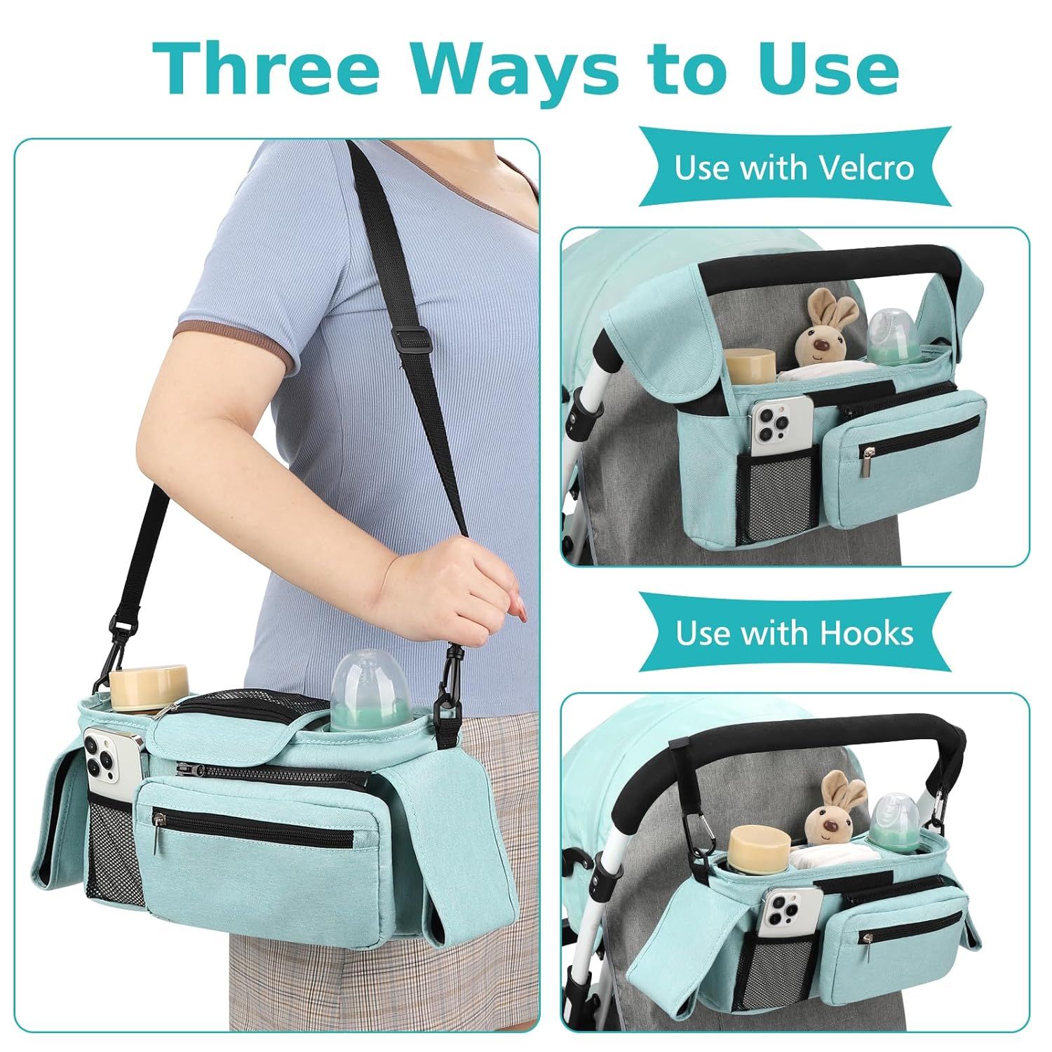 Universal Stroller Organizer with Insulated Cup Holders, Detachable Wristlet & Adjustable Shoulder Strap for Diapers, Bottles & Essentials (Blue)