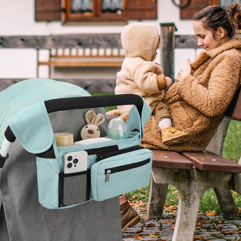 Universal Stroller Organizer with Insulated Cup Holders, Detachable Wristlet & Adjustable Shoulder Strap for Diapers, Bottles & Essentials (Blue)