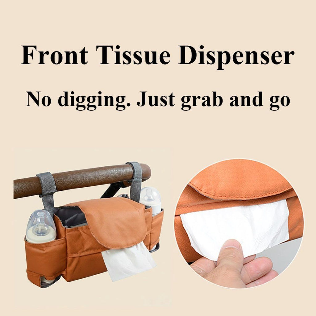 Universal Stroller Storage Bag with Cup Holder and Tissue Pocket Brown