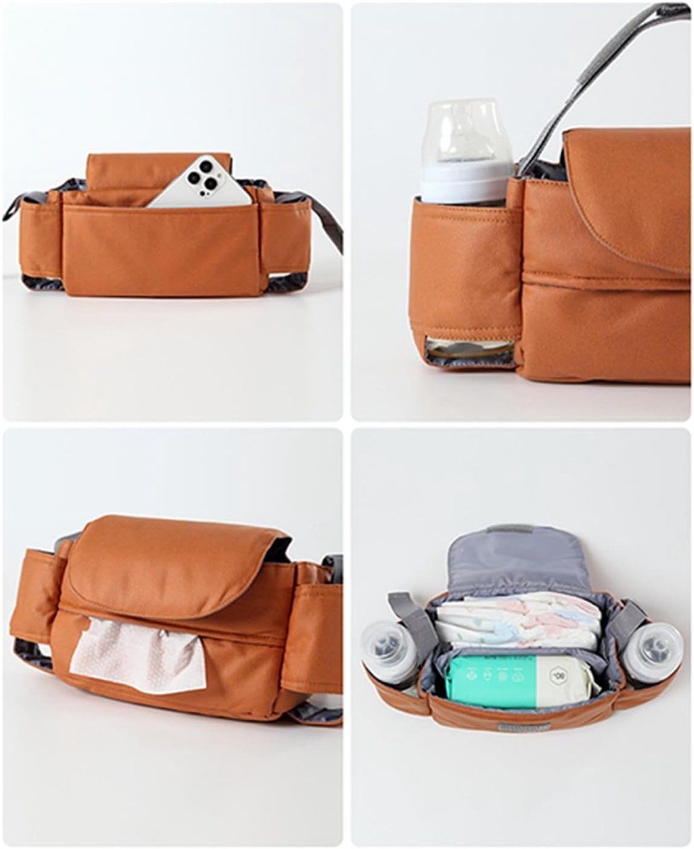 Universal Stroller Storage Bag with Cup Holder and Tissue Pocket Brown