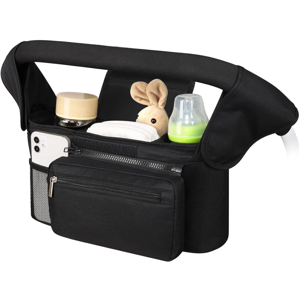 Universal Stroller Organizer, Insulated Cup Holders Detachable Phone Bag Large Storage, Black