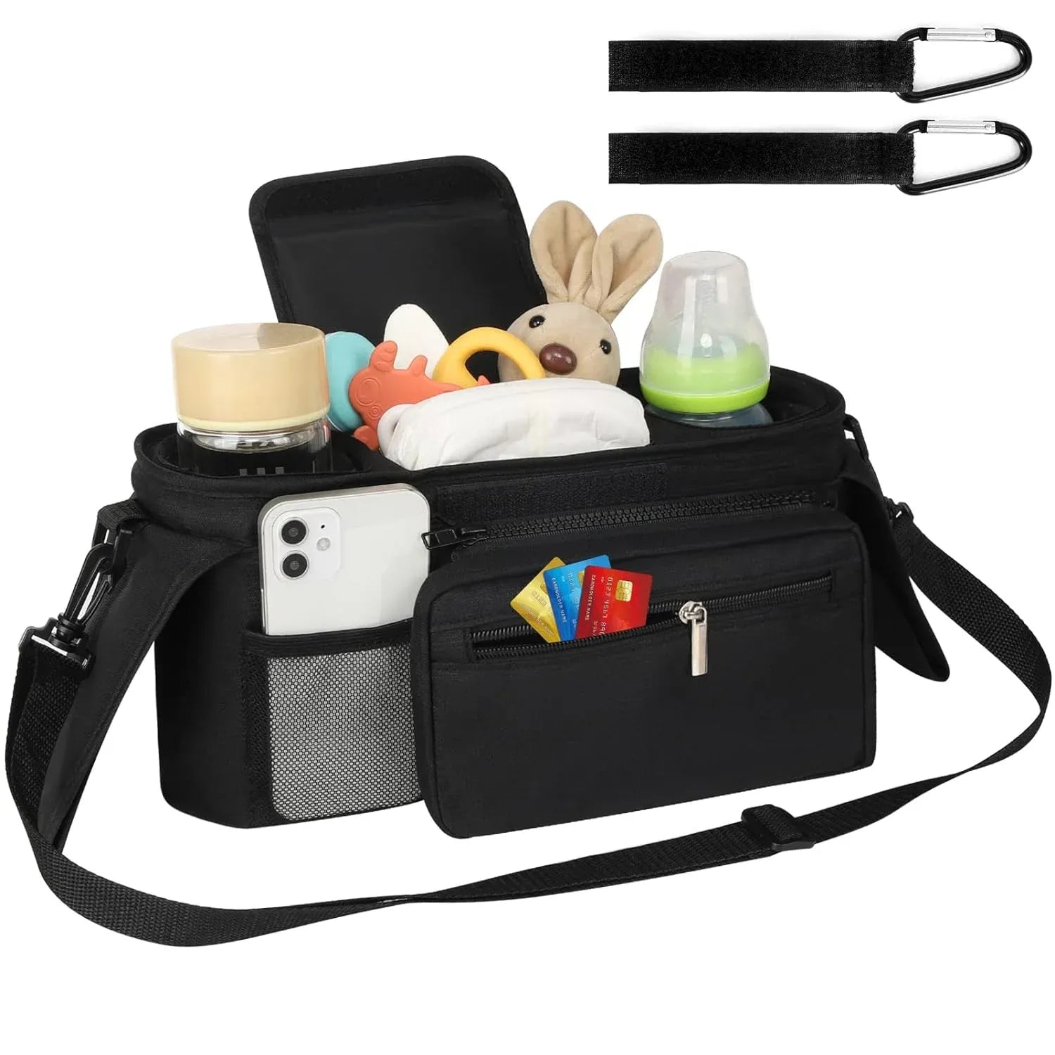 Universal Stroller Organizer, Insulated Cup Holders Detachable Phone Bag Large Storage, Black