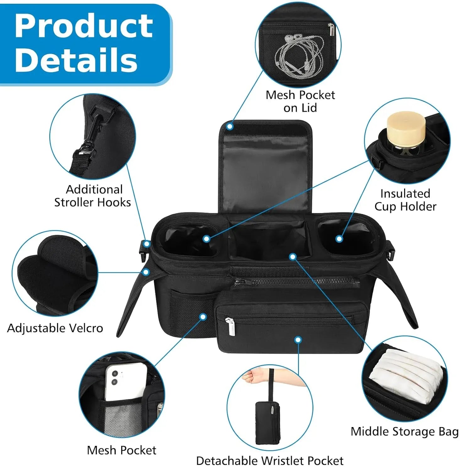 Universal Stroller Organizer, Insulated Cup Holders Detachable Phone Bag Large Storage, Black
