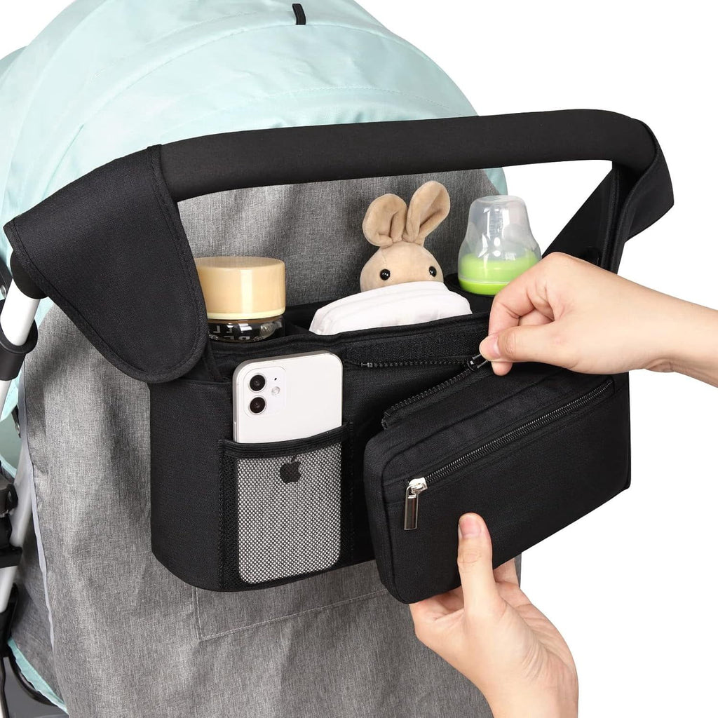 Universal Stroller Organizer, Insulated Cup Holders Detachable Phone Bag Large Storage, Black