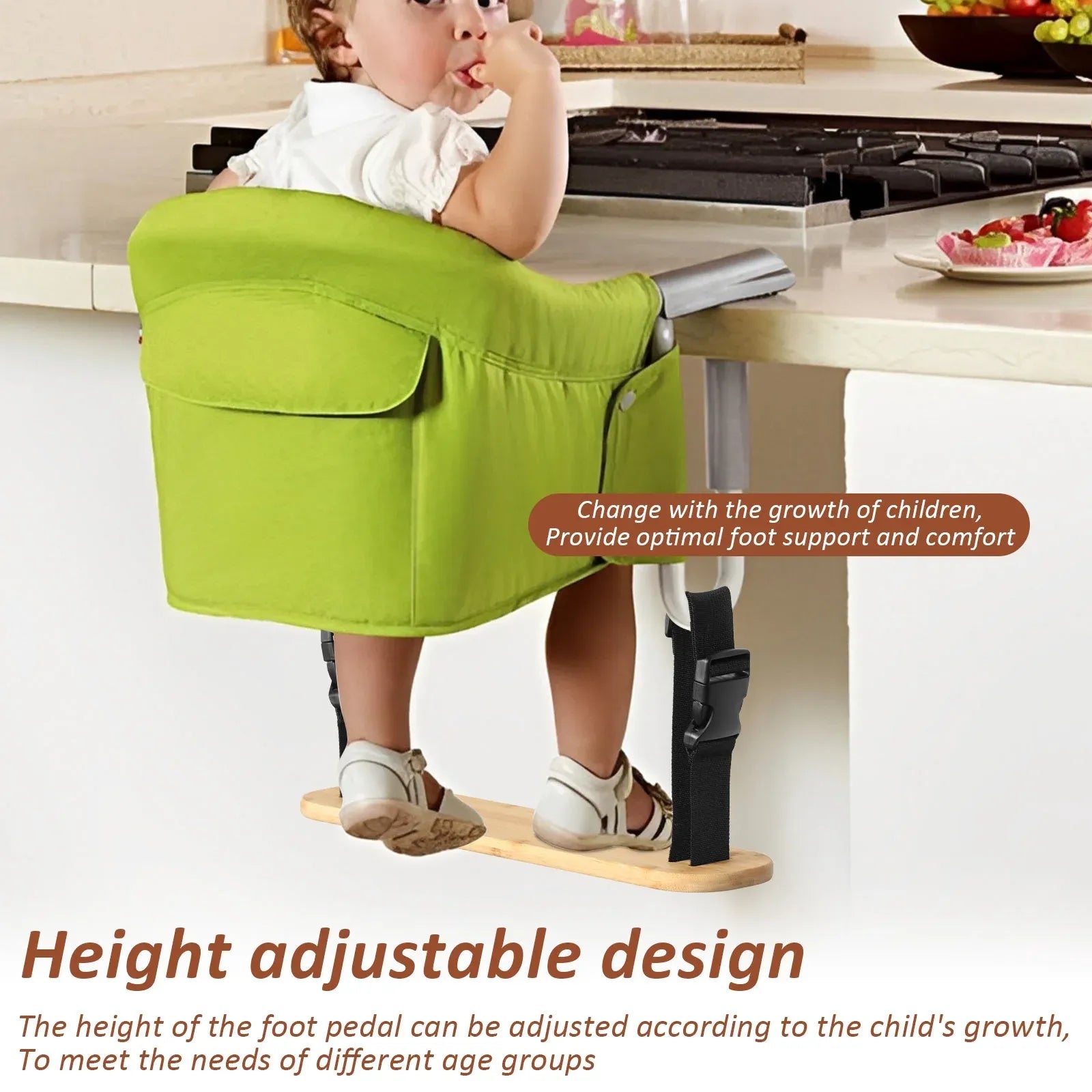Baby High Chair Footrest, Adjustable Bamboo Foot Support with Straps for Hook On Highchairs
