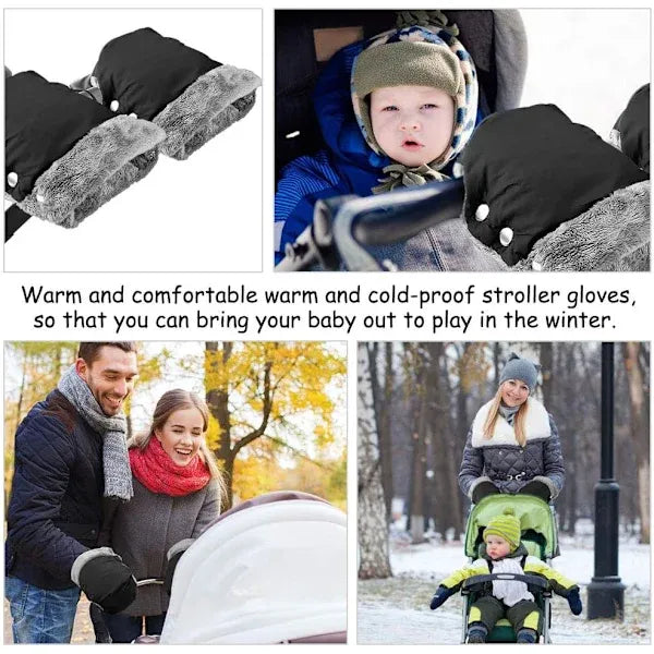 Warm Fleece Lined Stroller Gloves with Waterproof Oxford Outer, Universal Size with Snap Button Design for Easy Attachment to Stroller Handlebars for Winter Walks