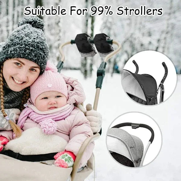 Warm Fleece Lined Stroller Gloves with Waterproof Oxford Outer, Universal Size with Snap Button Design for Easy Attachment to Stroller Handlebars for Winter Walks