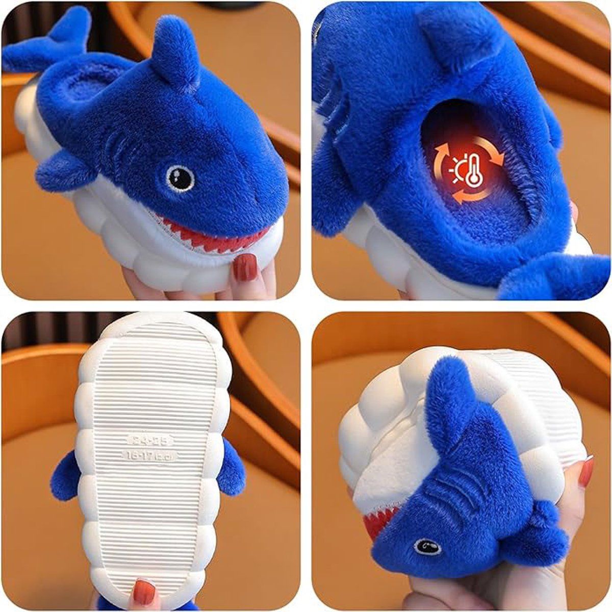 Children's Winter Slippers, Cute Shark Plush House Shoes with Warm Lining and Non-Slip Sole, Size 30, Inner Length 19 cm, Foot Length 18 cm, Blue
