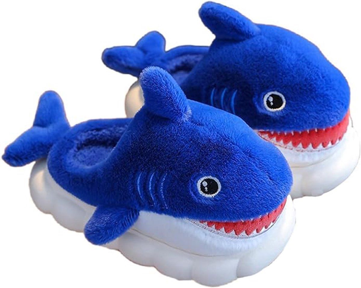 Children's Winter Slippers, Cute Shark Plush House Shoes with Warm Lining and Non-Slip Sole, Size 32, Inner Length 20 cm, Foot Length 19 cm, Blue