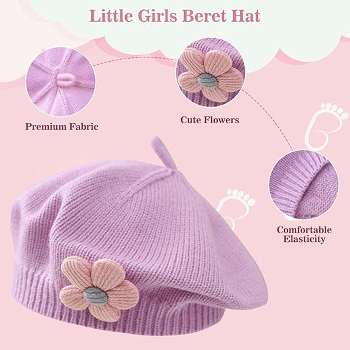Girls' beret winter warm hat toddler French knitted hat baby cute floral beret, for Cold Weather, Travel and Daily Winter Wear, Purple