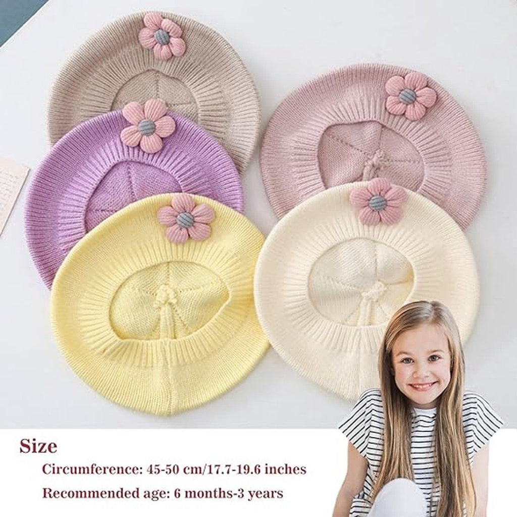 Girls' beret winter warm hat toddler French knitted hat baby cute floral beret, for Cold Weather, Travel and Daily Winter Wear, Purple