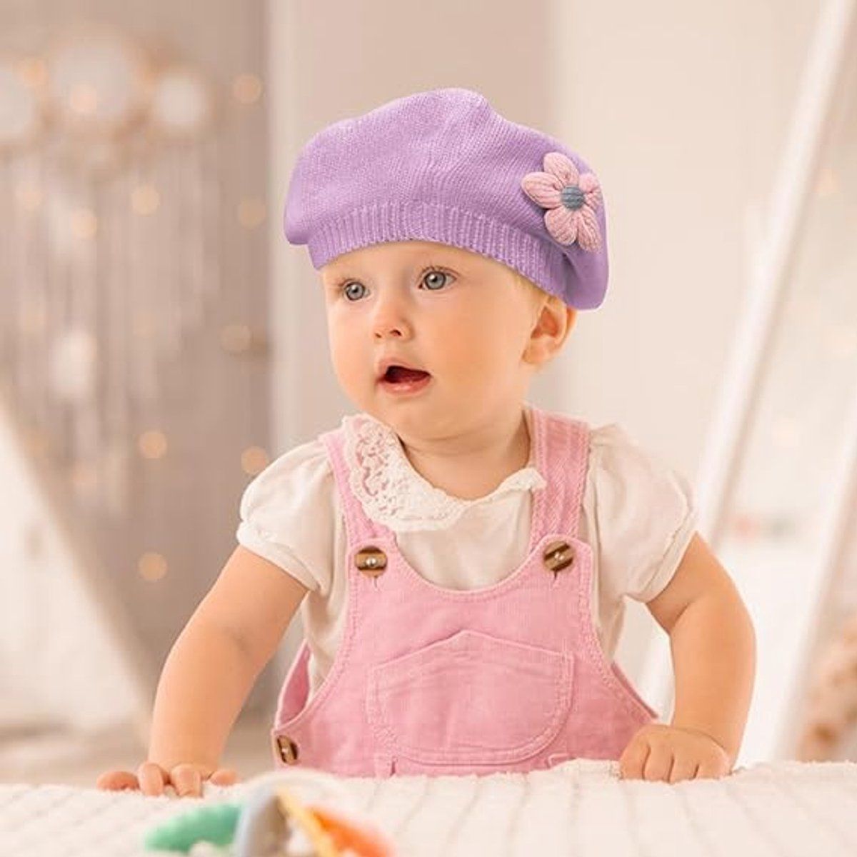 Girls' beret winter warm hat toddler French knitted hat baby cute floral beret, for Cold Weather, Travel and Daily Winter Wear, Purple