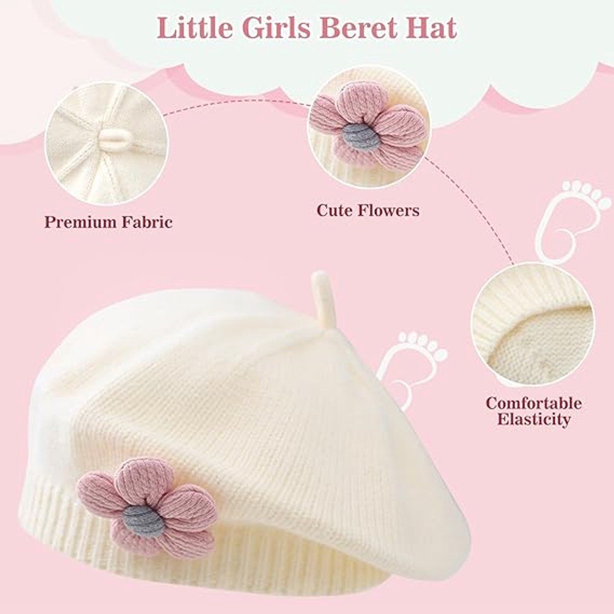 Girls' beret winter warm hat toddler French knitted hat baby cute floral beret, for Cold Weather, Travel and Daily Winter Wear, White