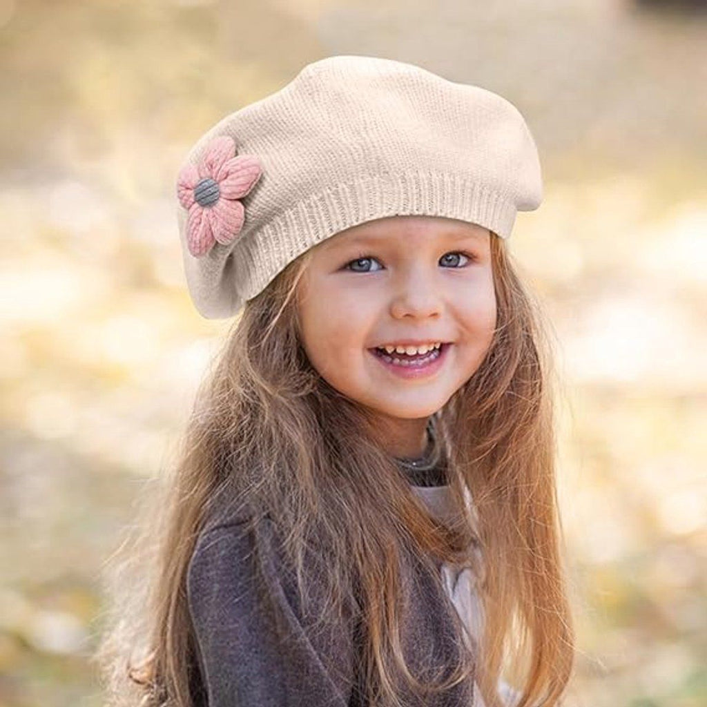 Girls' beret winter warm hat toddler French knitted hat baby cute floral beret, for Cold Weather, Travel and Daily Winter Wear, White