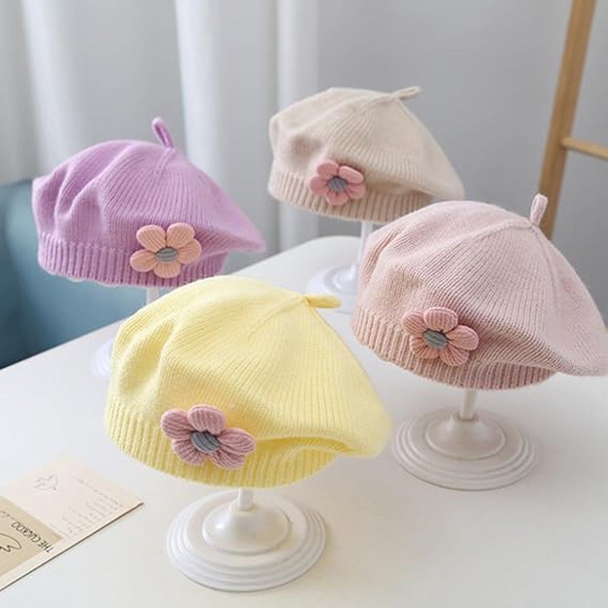 Girls' beret winter warm hat toddler French knitted hat baby cute floral beret, for Cold Weather, Travel and Daily Winter Wear, Beige