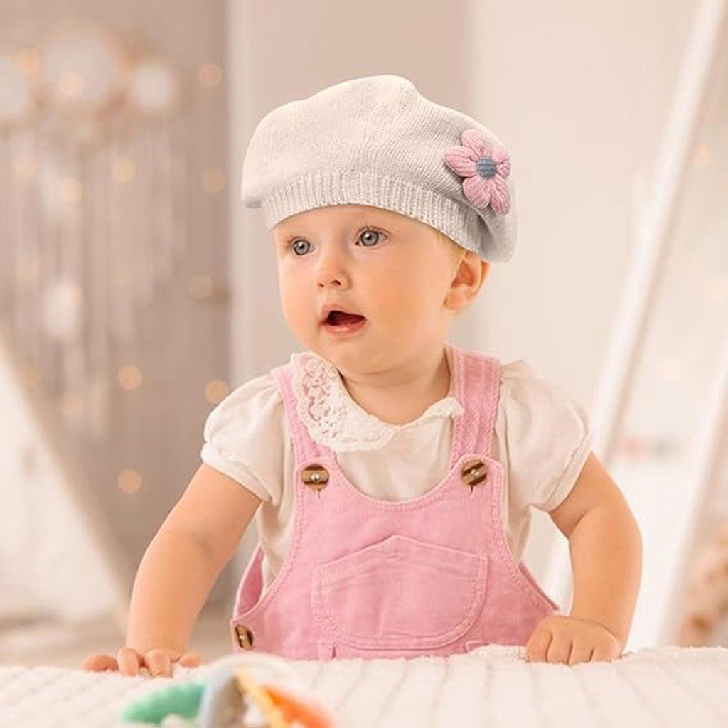 Girls' beret winter warm hat toddler French knitted hat baby cute floral beret, for Cold Weather, Travel and Daily Winter Wear, Beige