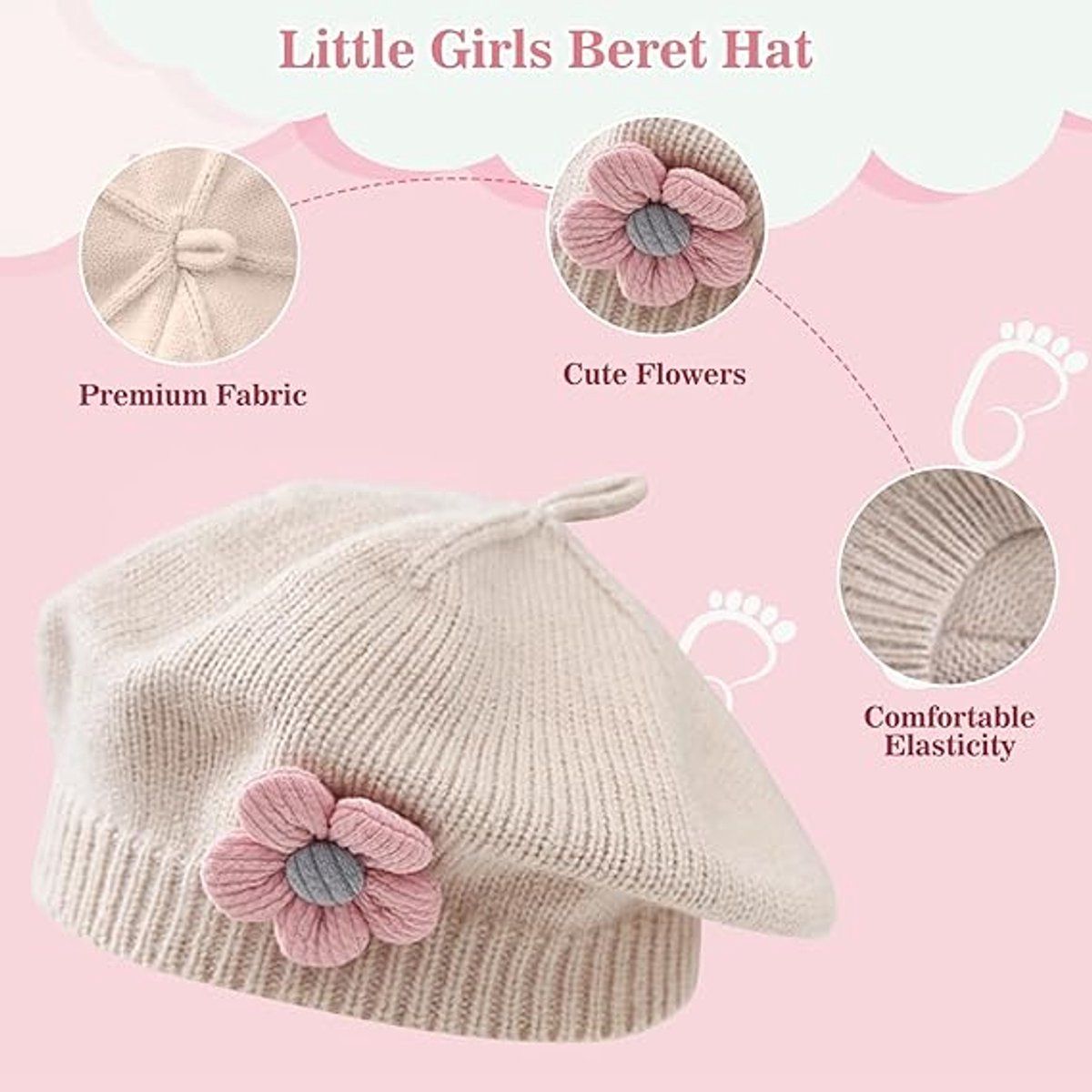 Girls' beret winter warm hat toddler French knitted hat baby cute floral beret, for Cold Weather, Travel and Daily Winter Wear, Beige