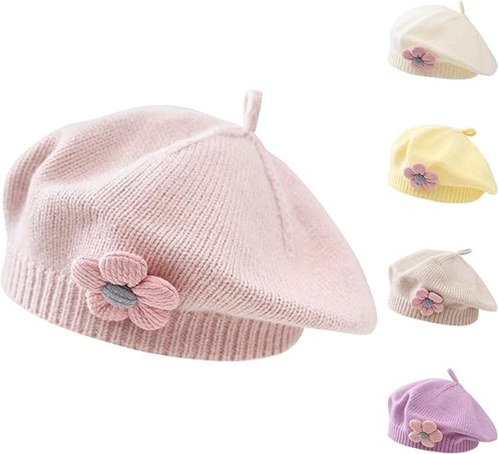 Girls' beret winter warm hat toddler French knitted hat baby cute floral beret, for Cold Weather, Travel and Daily Winter Wear, Pink
