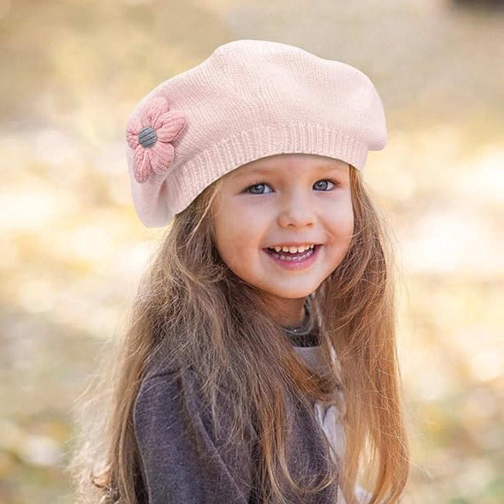 Girls' beret winter warm hat toddler French knitted hat baby cute floral beret, for Cold Weather, Travel and Daily Winter Wear, Pink