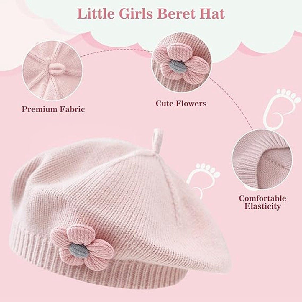 Girls' beret winter warm hat toddler French knitted hat baby cute floral beret, for Cold Weather, Travel and Daily Winter Wear, Pink