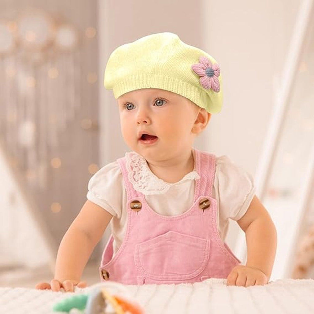 Girls' beret winter warm hat toddler French knitted hat baby cute floral beret, for Cold Weather, Travel and Daily Winter Wear, Yellow