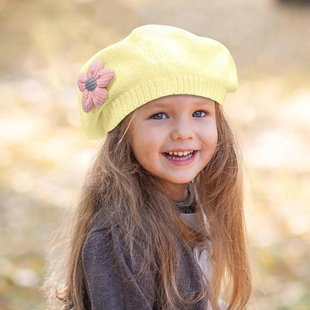 Girls' beret winter warm hat toddler French knitted hat baby cute floral beret, for Cold Weather, Travel and Daily Winter Wear, Yellow