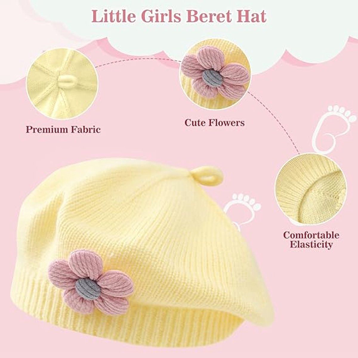 Girls' beret winter warm hat toddler French knitted hat baby cute floral beret, for Cold Weather, Travel and Daily Winter Wear, Yellow