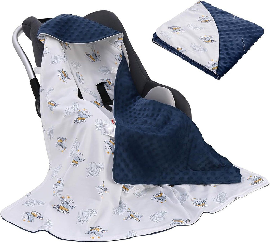 Baby Blanket, Double-Sided Pure Cotton Swaddle Blanket for Strollers, Car Seats and Prams, Three-Point Harness Opening, 90 x 90 cm, Blue and White